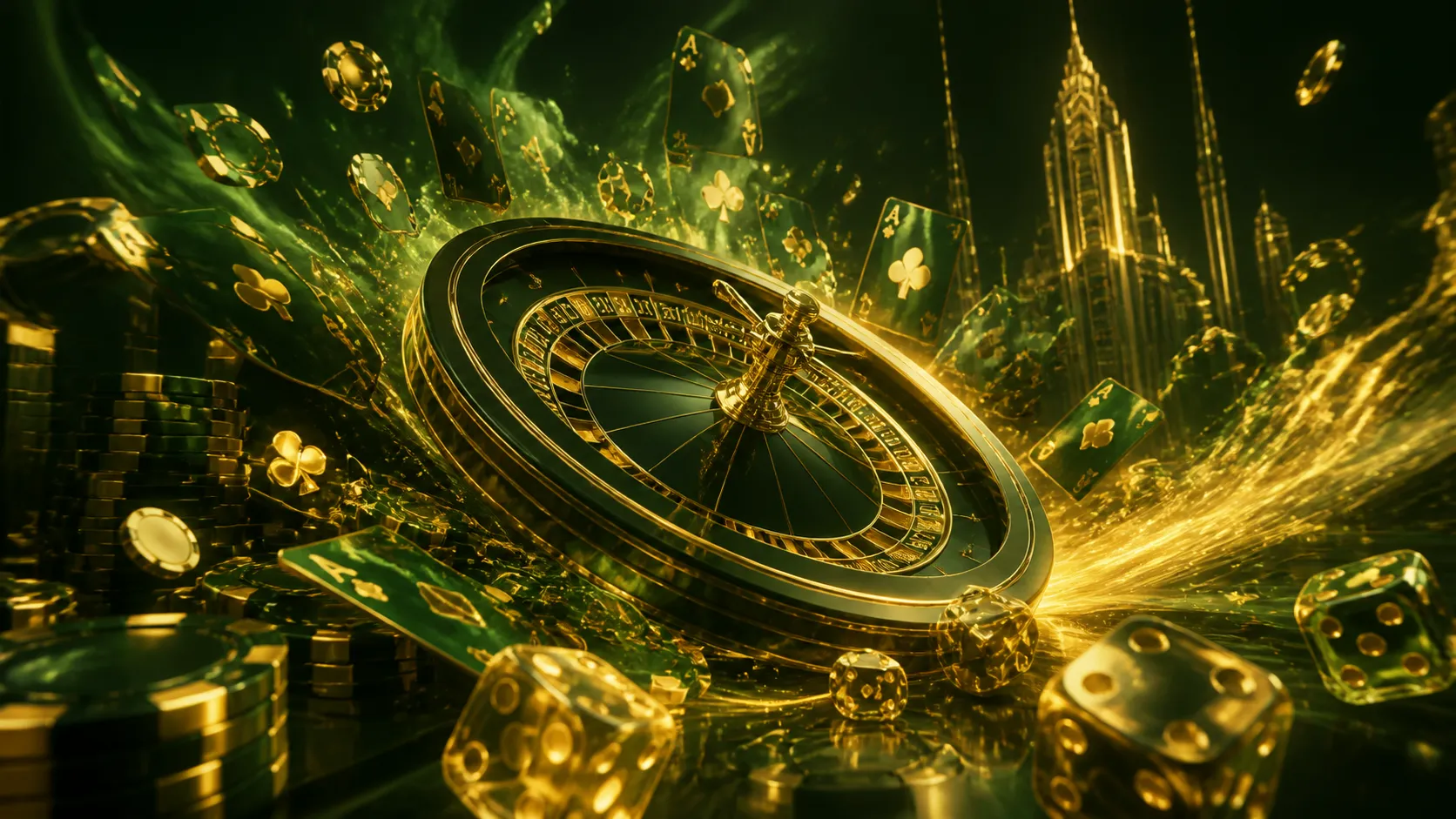 luxury casino-themed hero banner with poker chips, playing cards, and neon lights